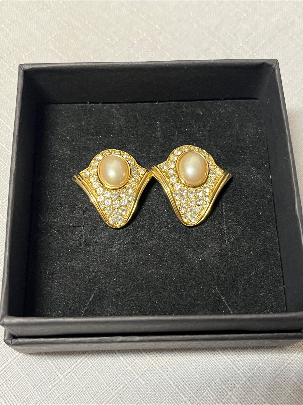 Vintage Gold-tone Faux Pearl & Crystal Statement Pierced Earrings